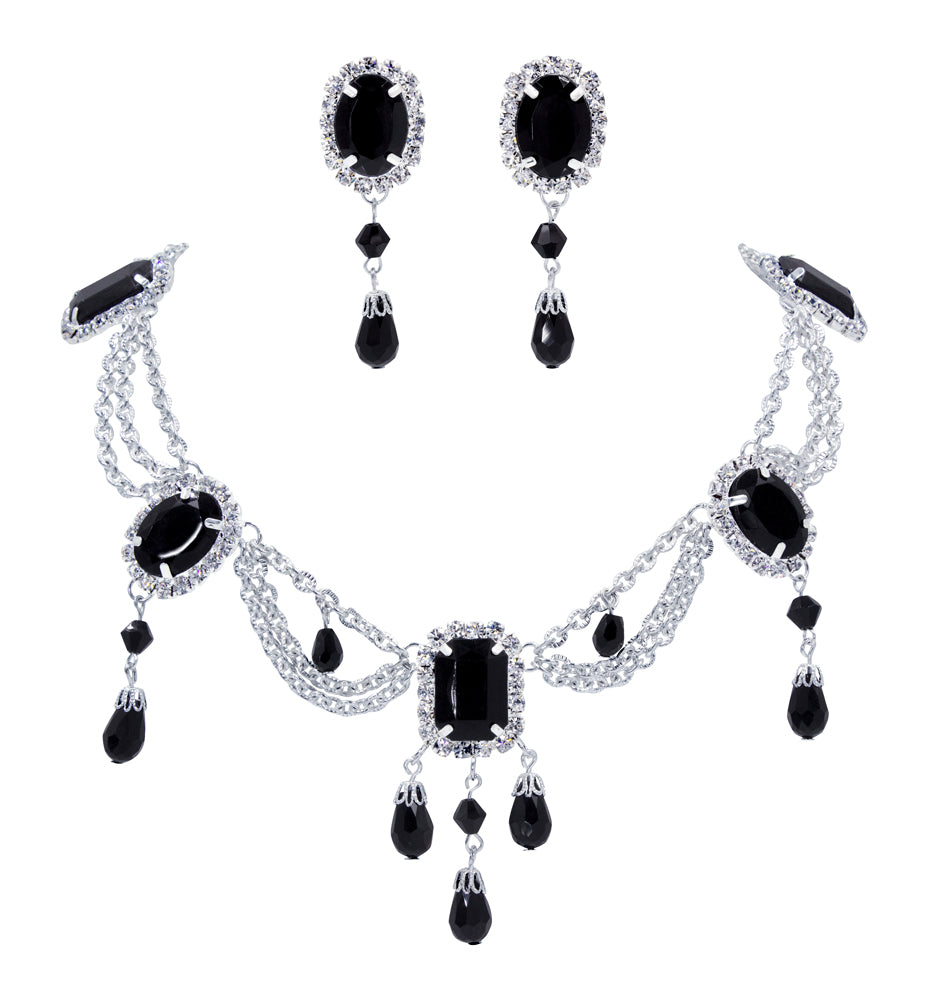 Jet Octagon and Oval Necklace and Earring Set #12682-0
