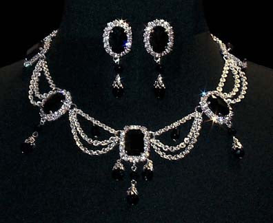 Jet Octagon and Oval Necklace and Earring Set #12682-1