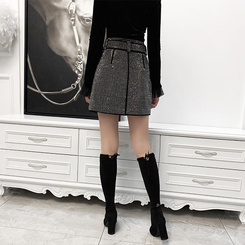 Black Sheepskin Skirt With Rhinestones Women's Don John