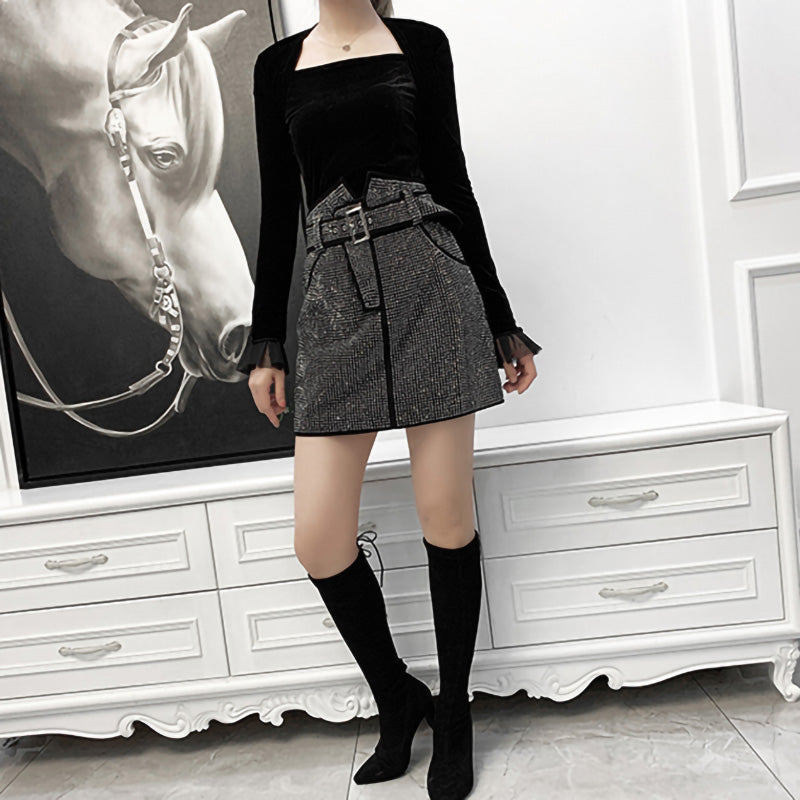Black Sheepskin Skirt With Rhinestones Women's Don John