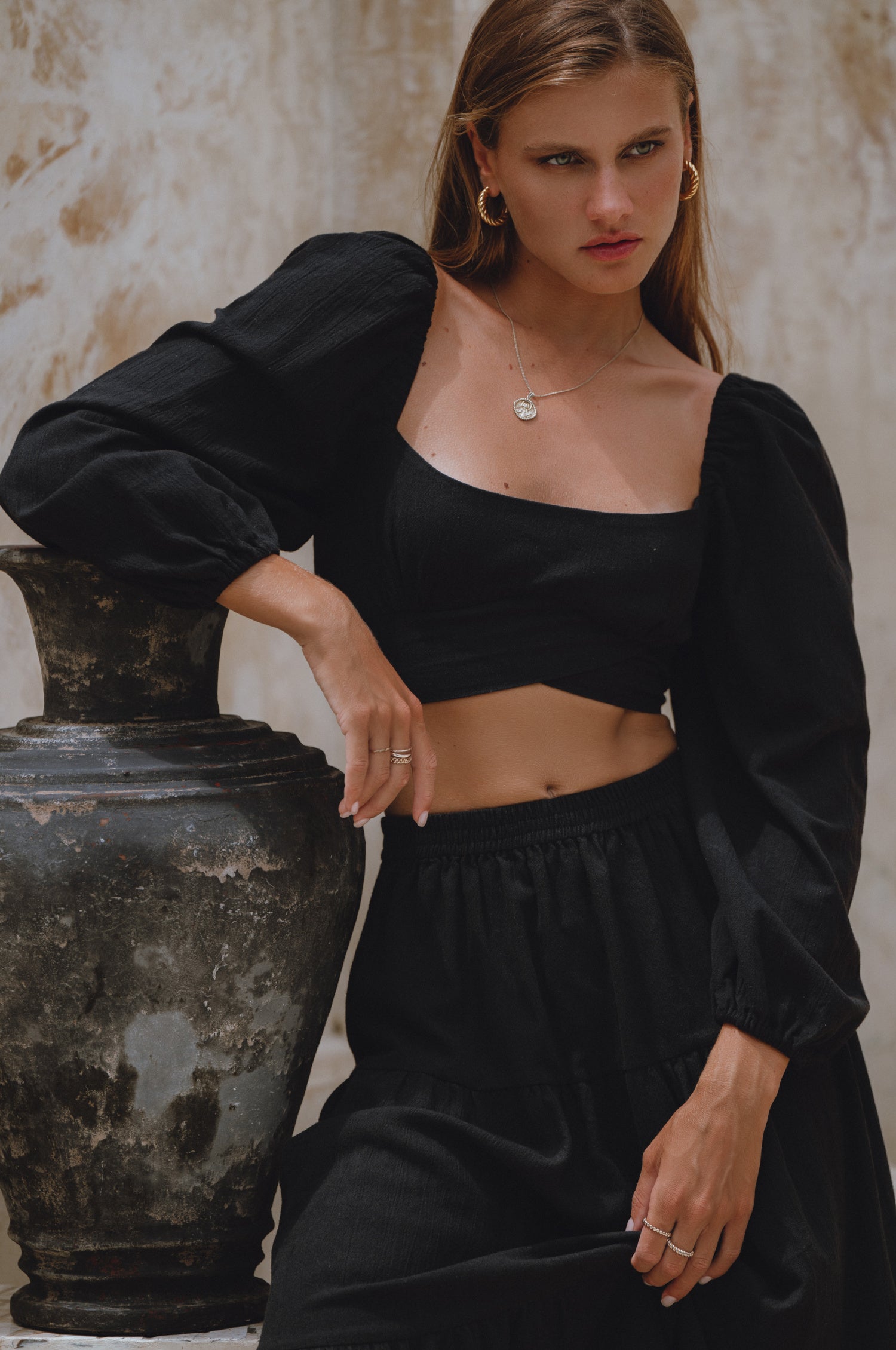 Women's Crinkle Linen Long Sleeve Crop Top – Smocked Back, Breathable, Gothic Style