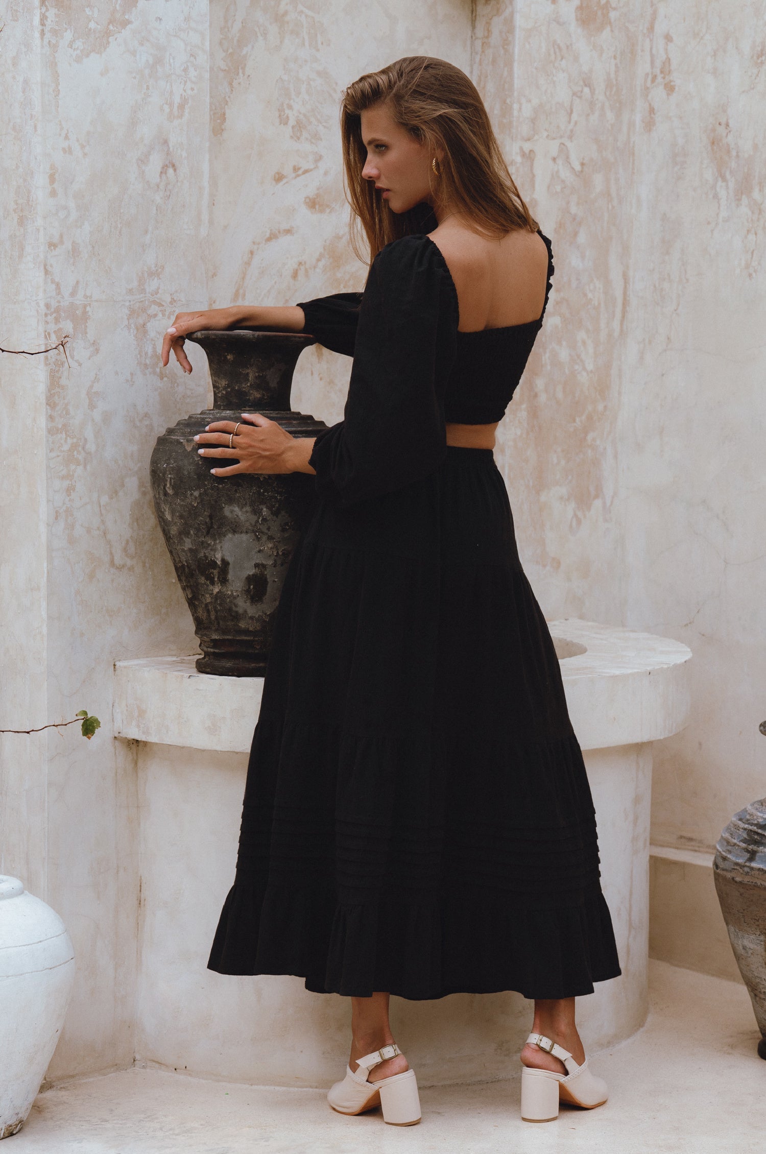 Women's Crinkle Linen Long Sleeve Crop Top – Smocked Back, Breathable, Gothic Style