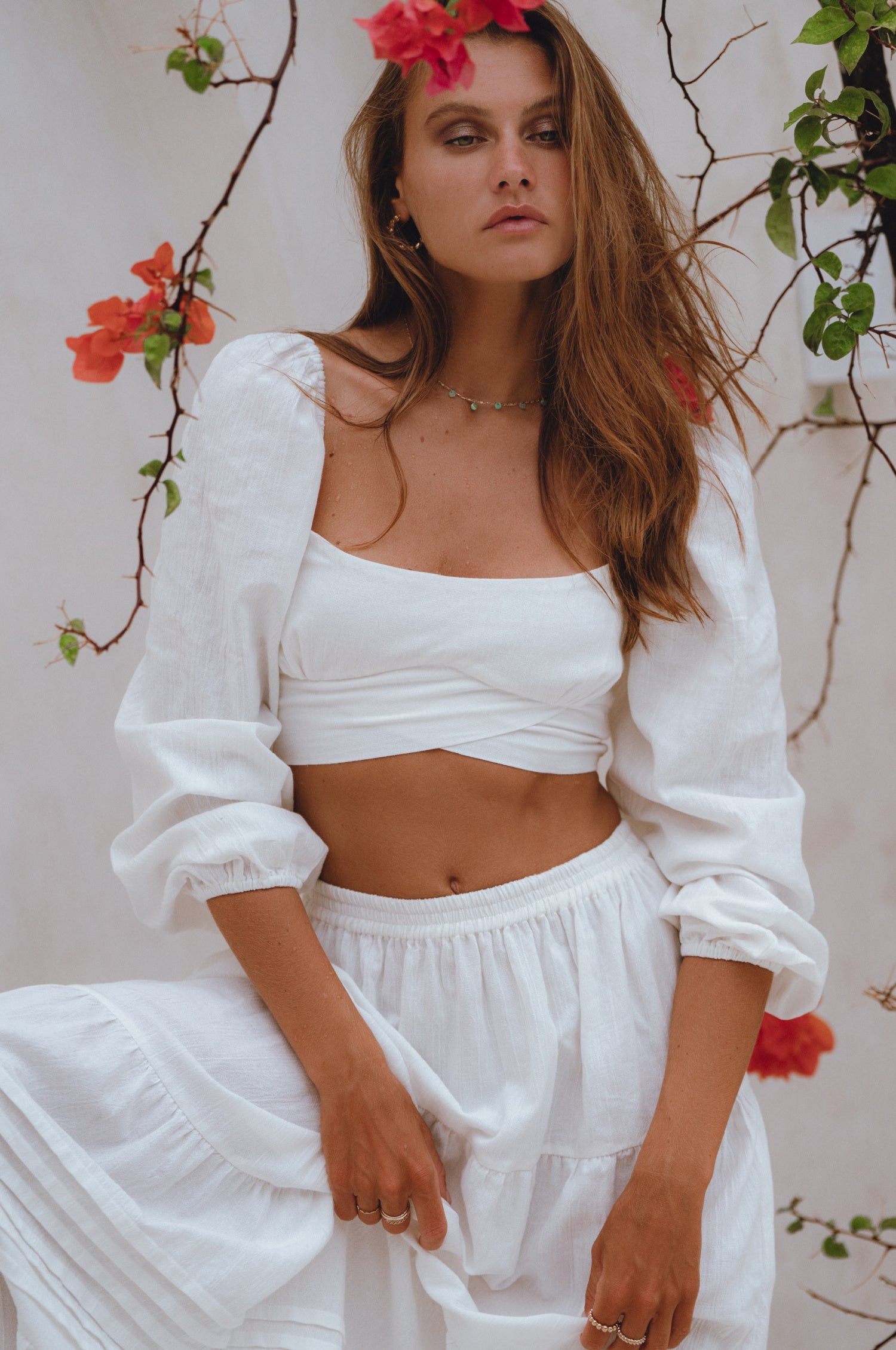 Women's Crinkle Linen Long Sleeve Crop Top – Smocked Back, Breathable, Gothic Style