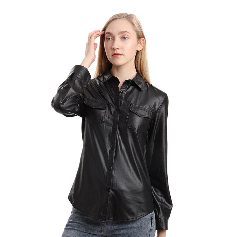 Women's Genuine Leather Long Sleeve Button-Down Shirt – V-Neck, Gothic Nightclub Style