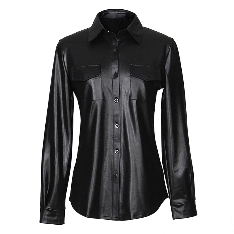 Women's Genuine Leather Long Sleeve Button-Down Shirt – V-Neck, Gothic Nightclub Style