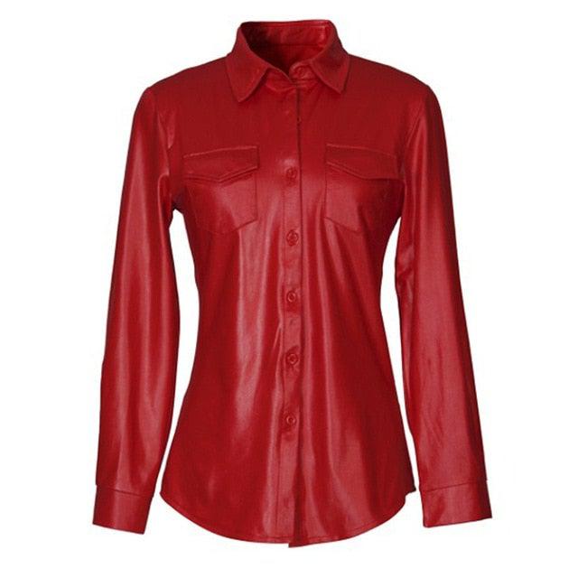 Women's Genuine Leather Long Sleeve Button-Down Shirt – V-Neck, Gothic Nightclub Style