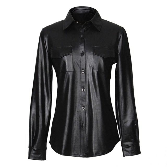 Women's Genuine Leather Long Sleeve Button-Down Shirt – V-Neck, Gothic Nightclub Style