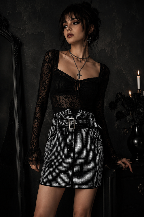 Rhinestone Sheepskin Leather Mini Skirt Don John