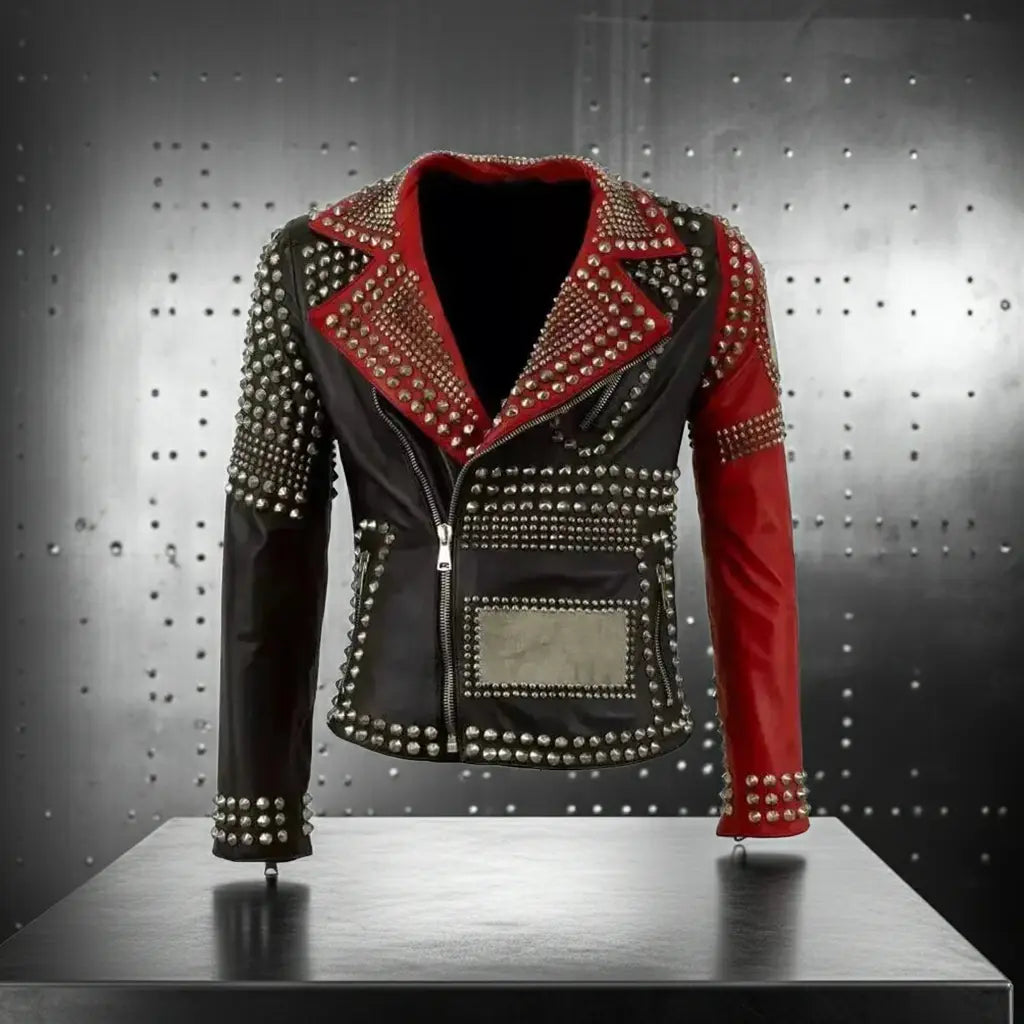 Gothic Studded Cowhide Leather Biker Jacket — Silver Studs - Velvet Violence
