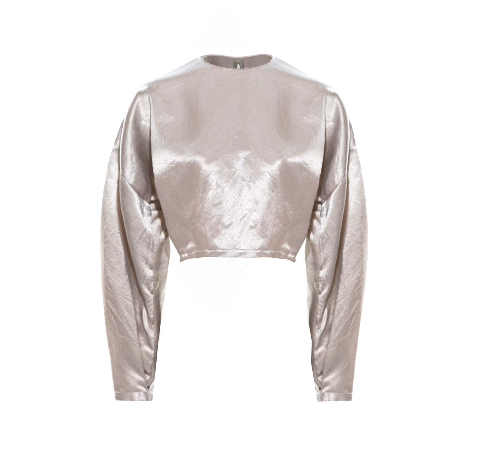 Women's Japanese Silk Beige Crop Top – Eco-Friendly Long Sleeve Blouse