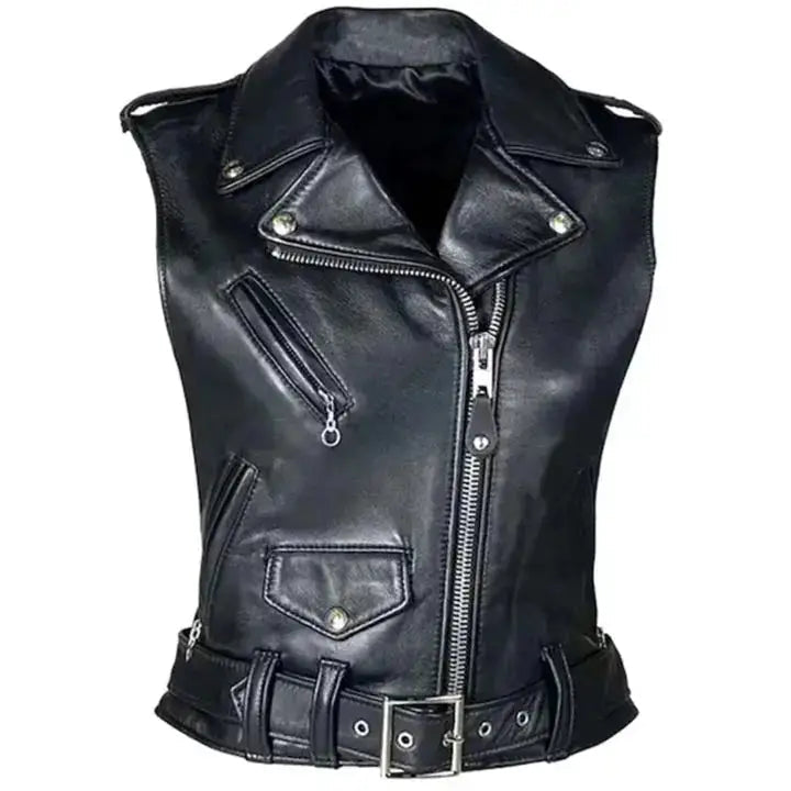 Womens Black Leather Biker Vest Riders Republic UK
