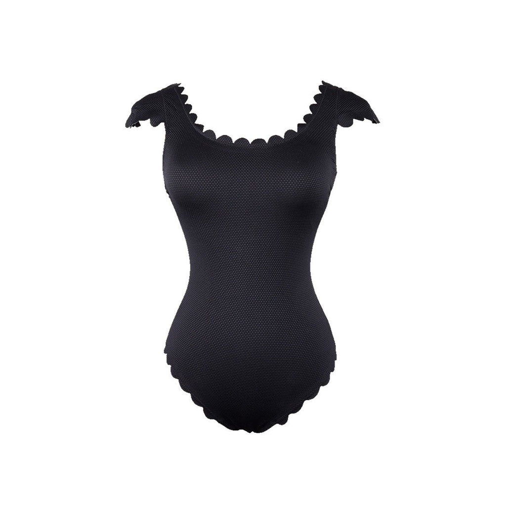 Black One Piece Scallop Trimmed Slimming Swimsuit Valtos