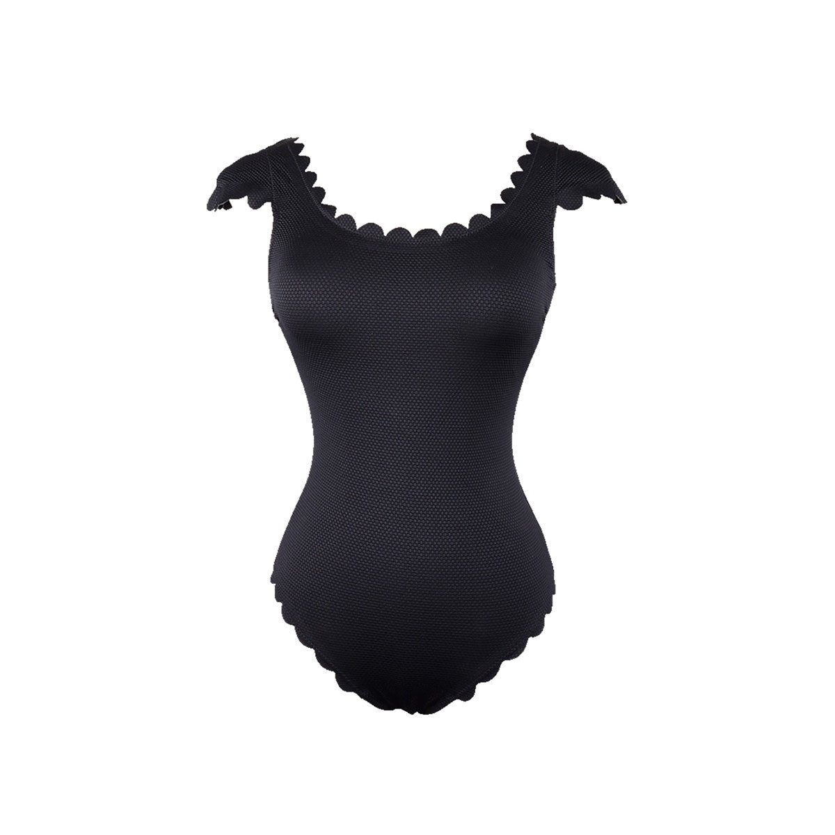 Black One Piece Scallop Trimmed Slimming Swimsuit Valtos