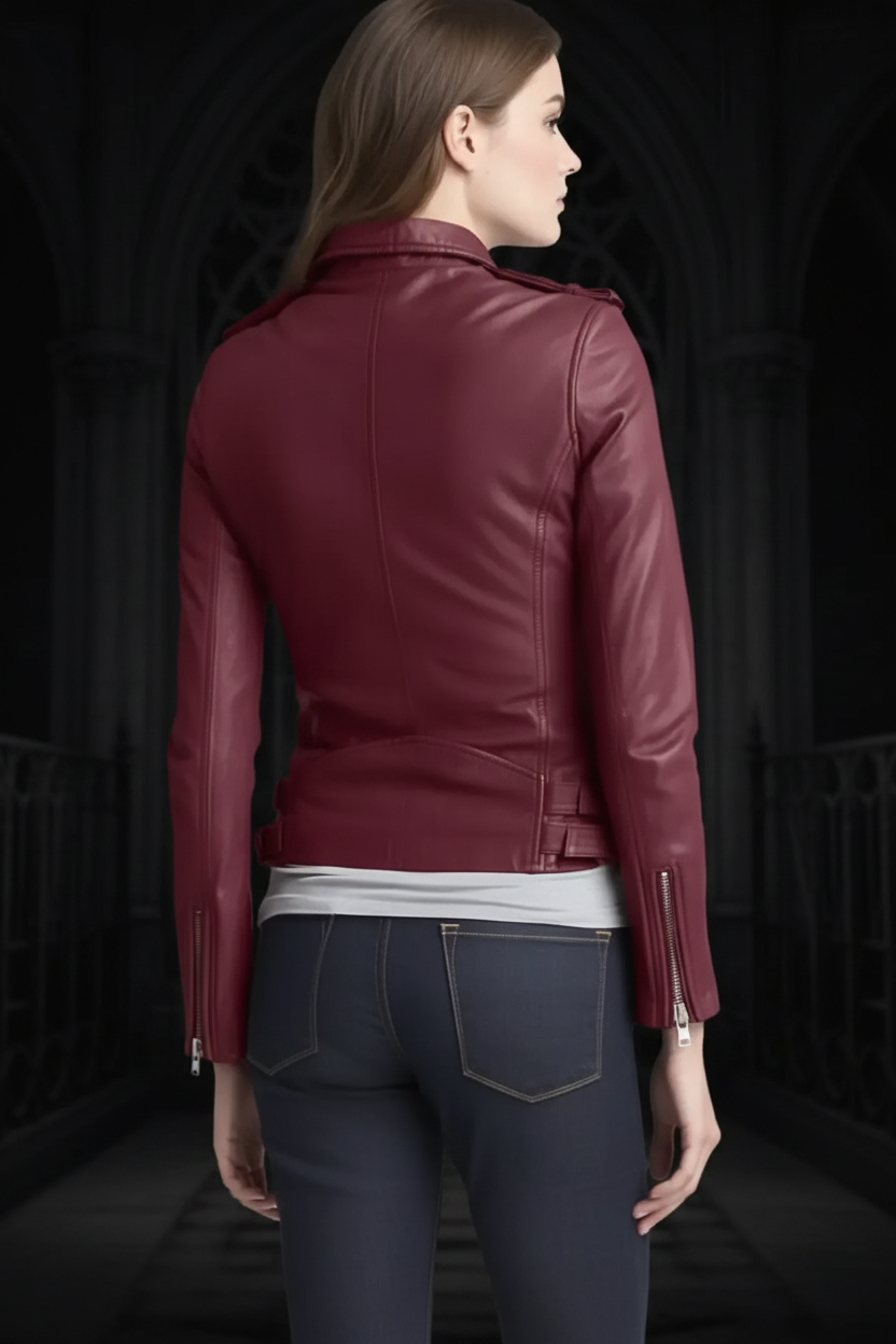 Burgundy Leather Jacket — Back, Dark Background