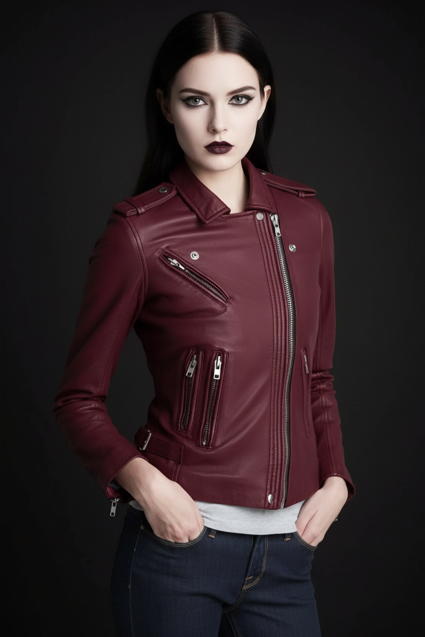 Burgundy Leather Jacket — Front with Head