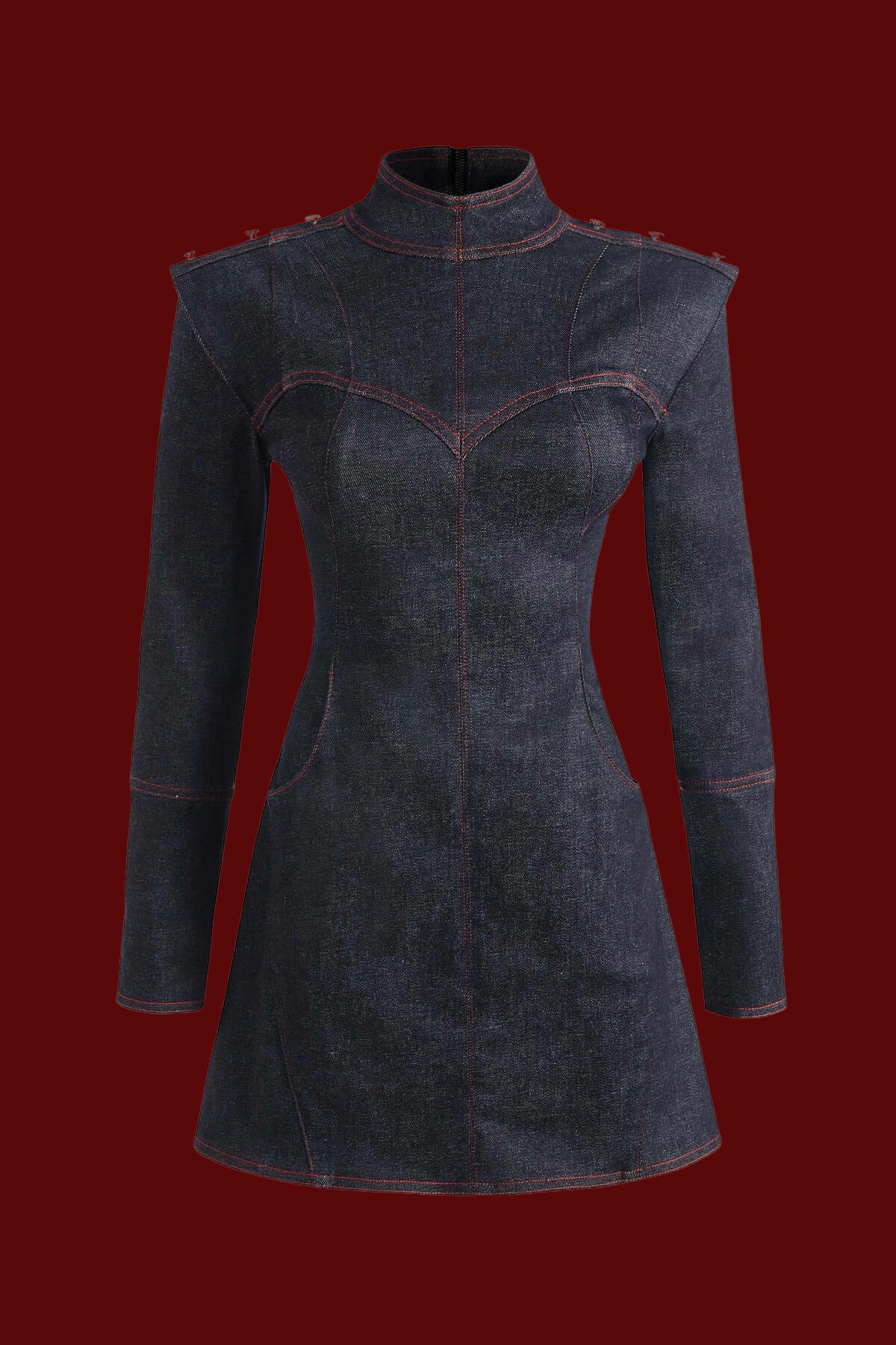 Dark blue dress with intricate detailing on a dark red background