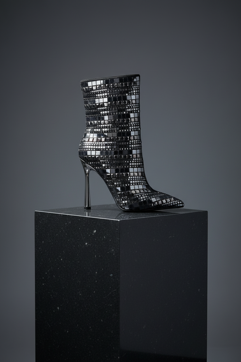 Extravagance Mirror Embellished Stiletto Boots – Pedestal, Medium Charcoal