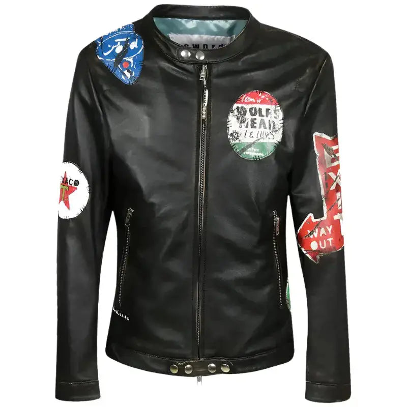 Unisex Printed Premium Leather Jacket – Band Collar, Zipped Pockets, Gothic Style