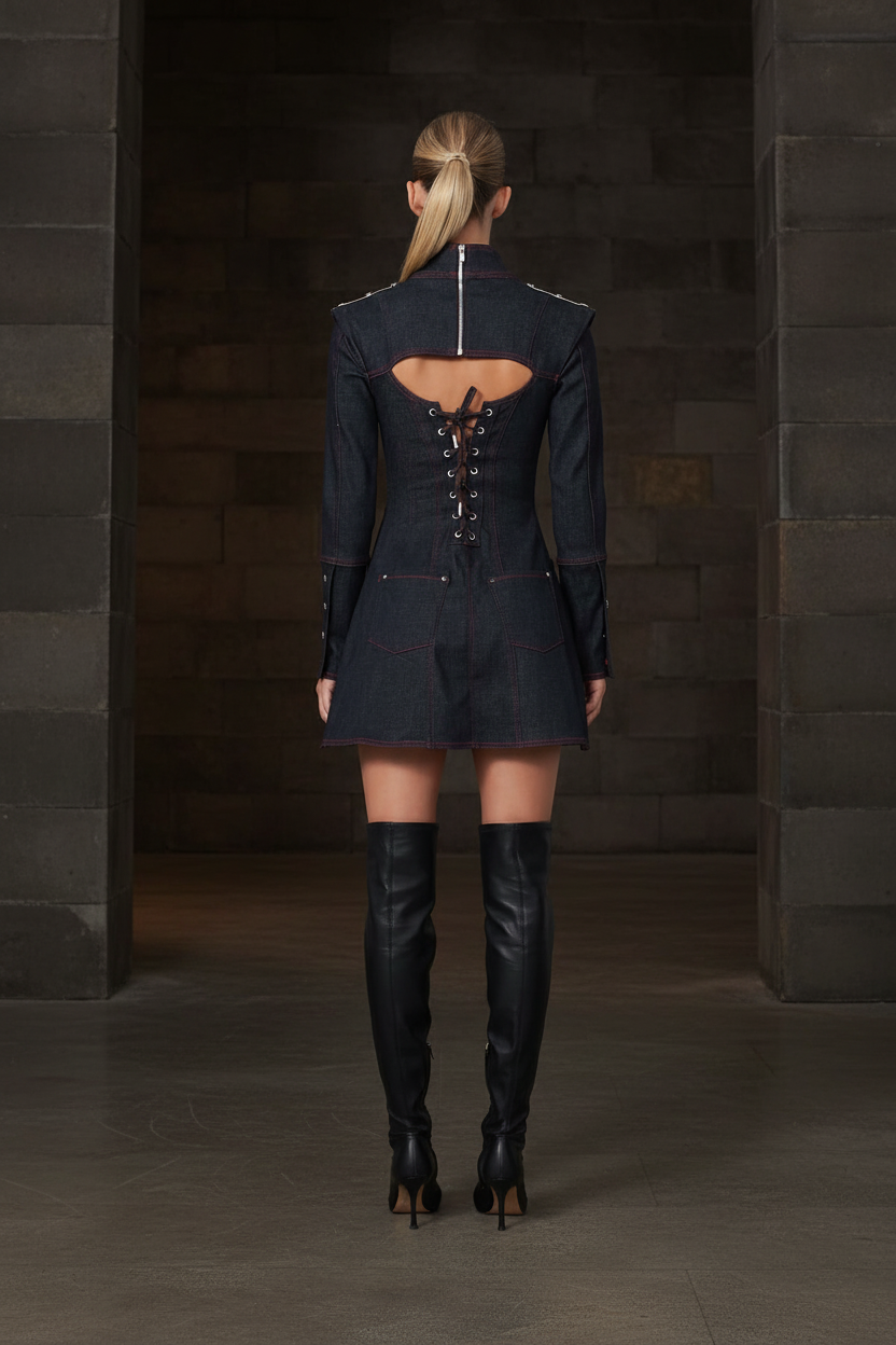 Harvey Denim Mini Dress Back - Moody Scene