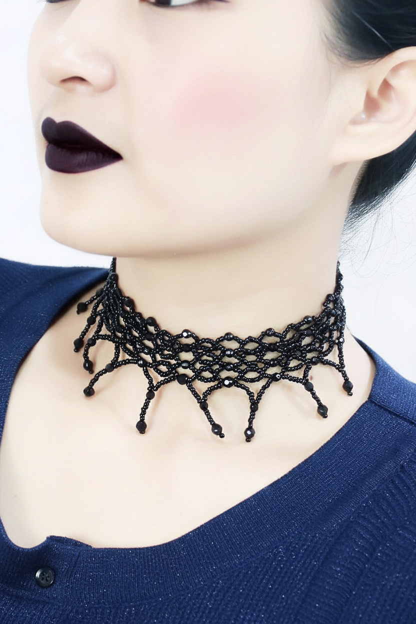 Jet Black Glass Rhodium Choker — Gothic Lip Only