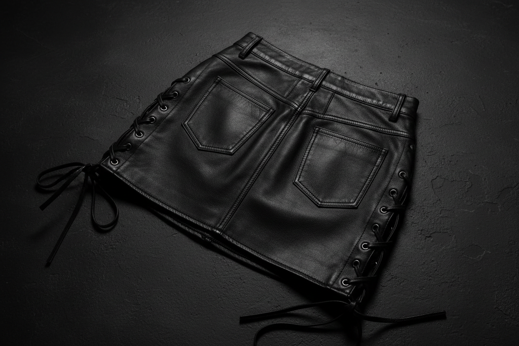 Black leather skirt with lace-up details on a dark surface