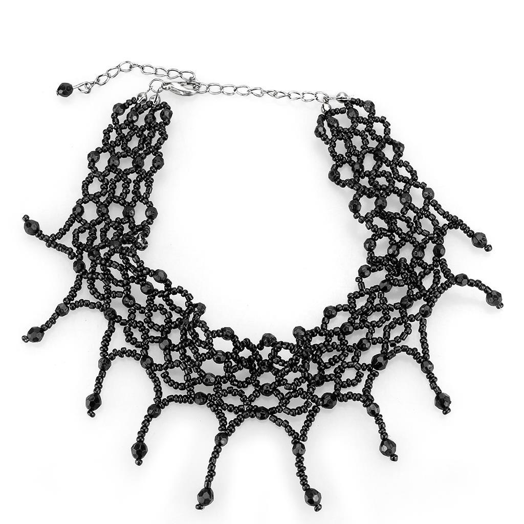 LO4717 - Rhodium Brass Necklace with Synthetic Synthetic Glass in Jet Alamode