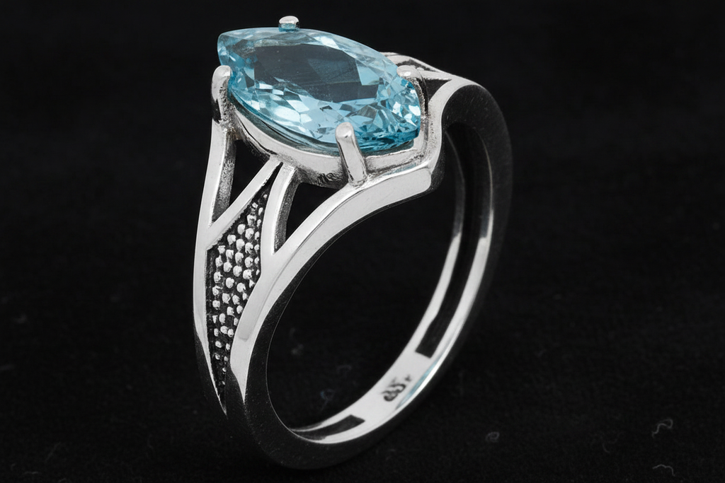 Marquise Blue Topaz Ring – Dark Background v2
