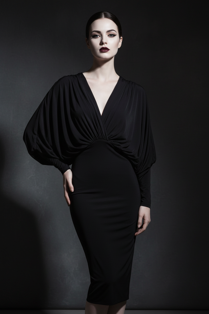 Woman wearing the black Noir Batwing Midi Dress against a dark background