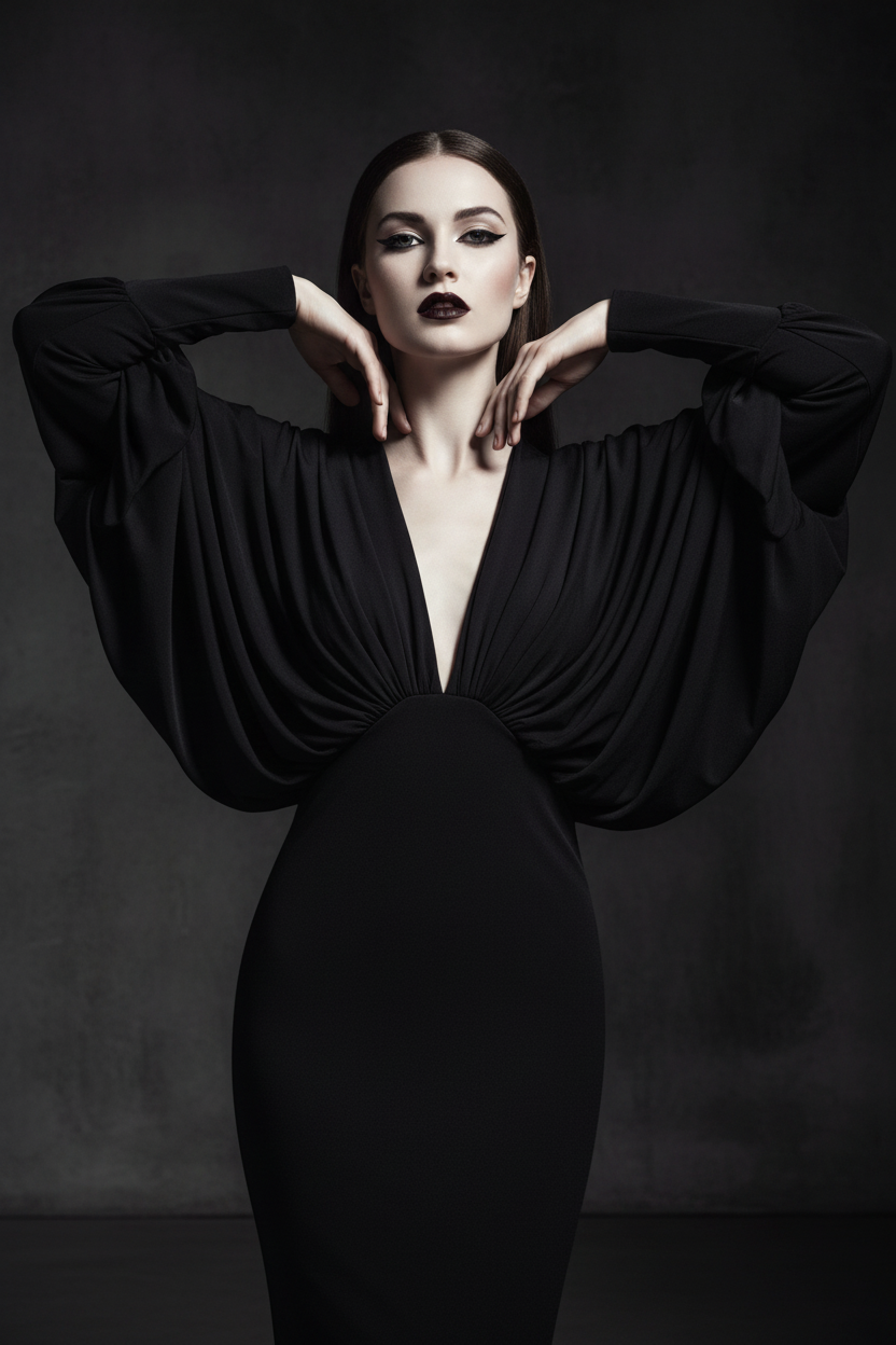 Woman wearing the black Noir Batwing Midi Dress with a deep neckline against a dark background