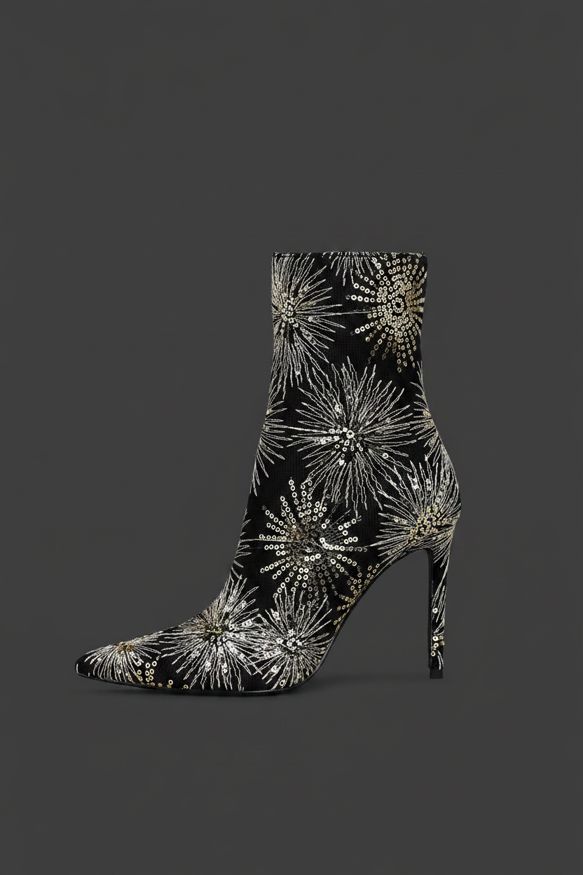 Oleander Sequin Embellished Stiletto Boots – Black, Dark Charcoal Background