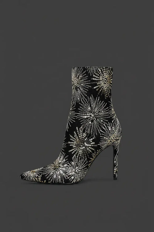 Oleander Sequin Embellished Stiletto Boots – Black, Dark Charcoal Background