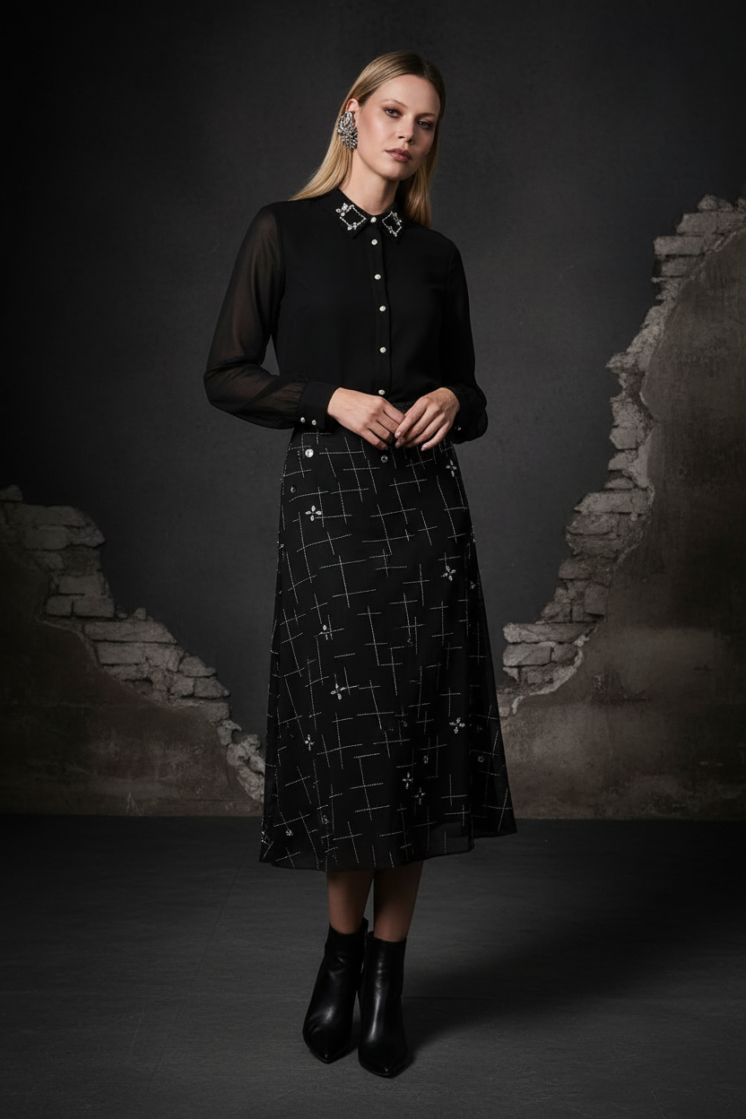 Woman wearing a black outfit with a patterned skirt against a dark background