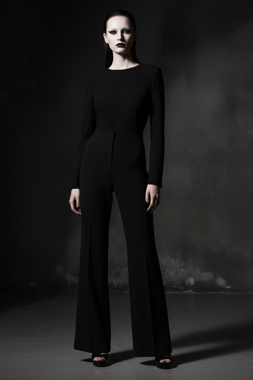 Person wearing a black shirt and wide leg pants against a dark background