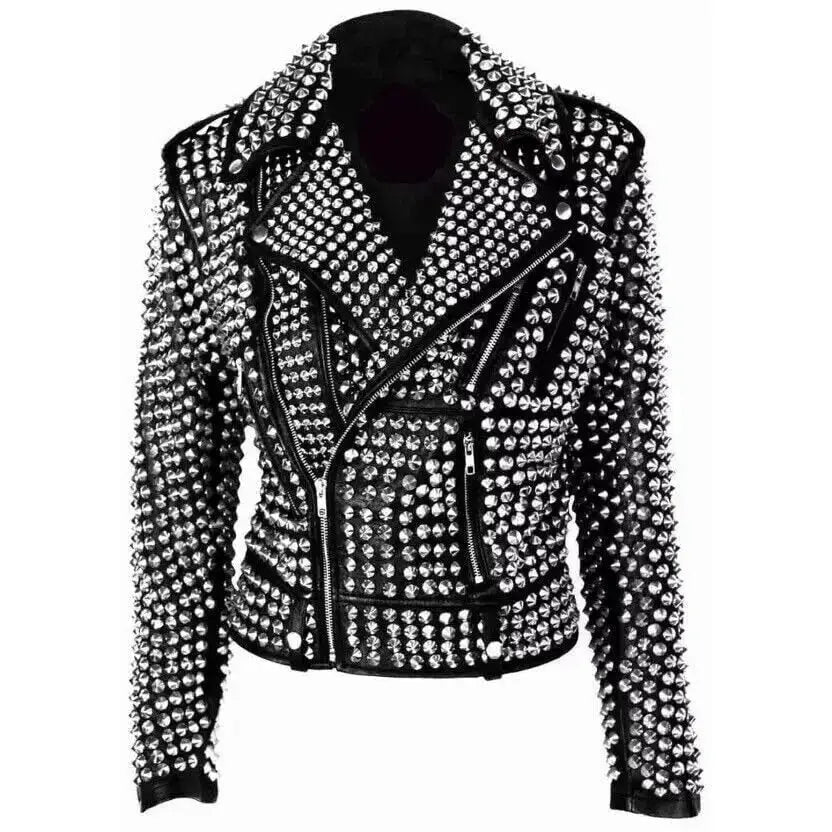 Women's Gothic Punk Silver Studded Leather Jacket – Slim Fit Asymmetric Zip