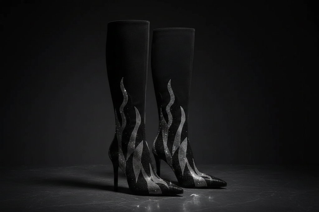 Black high-heeled boots with flame design on a dark background