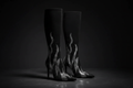 Black high-heeled boots with flame design on a dark background