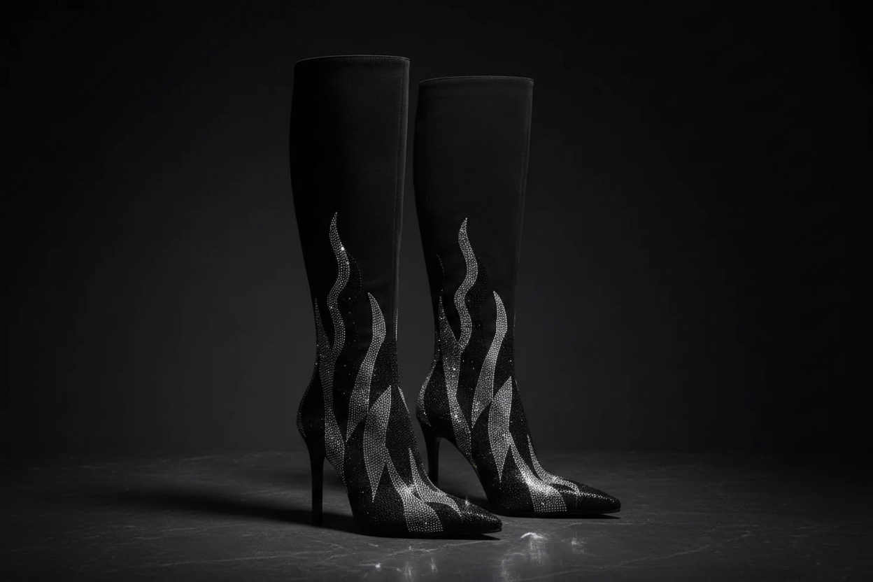 Black high-heeled boots with flame design on a dark background