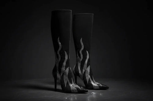 Black high-heeled boots with flame design on a dark background