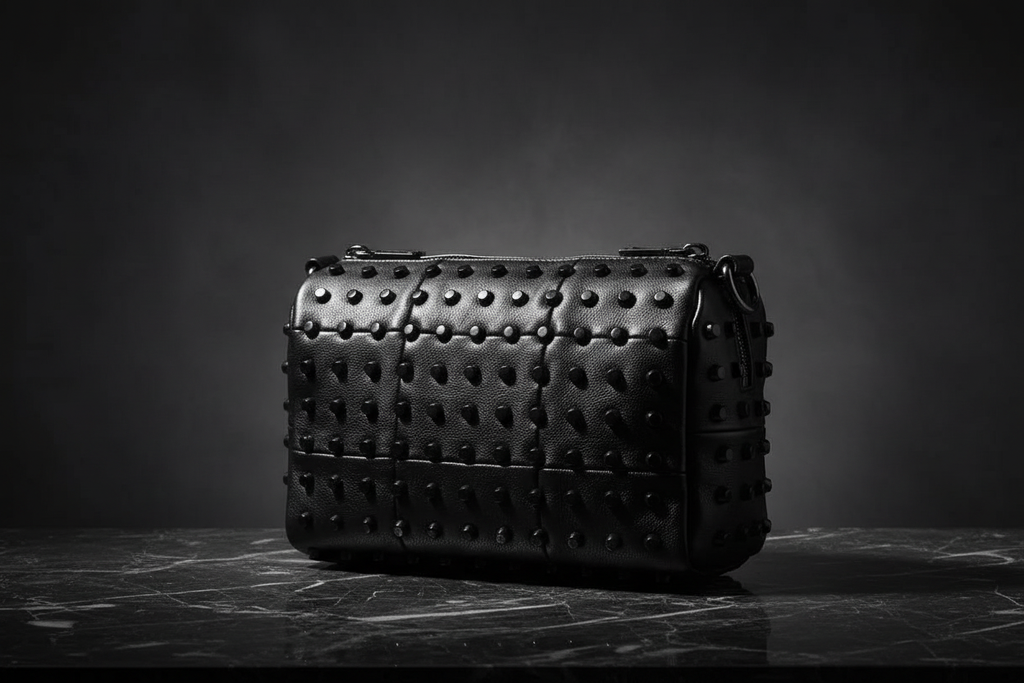 Black studded handbag on a dark surface with a dark background