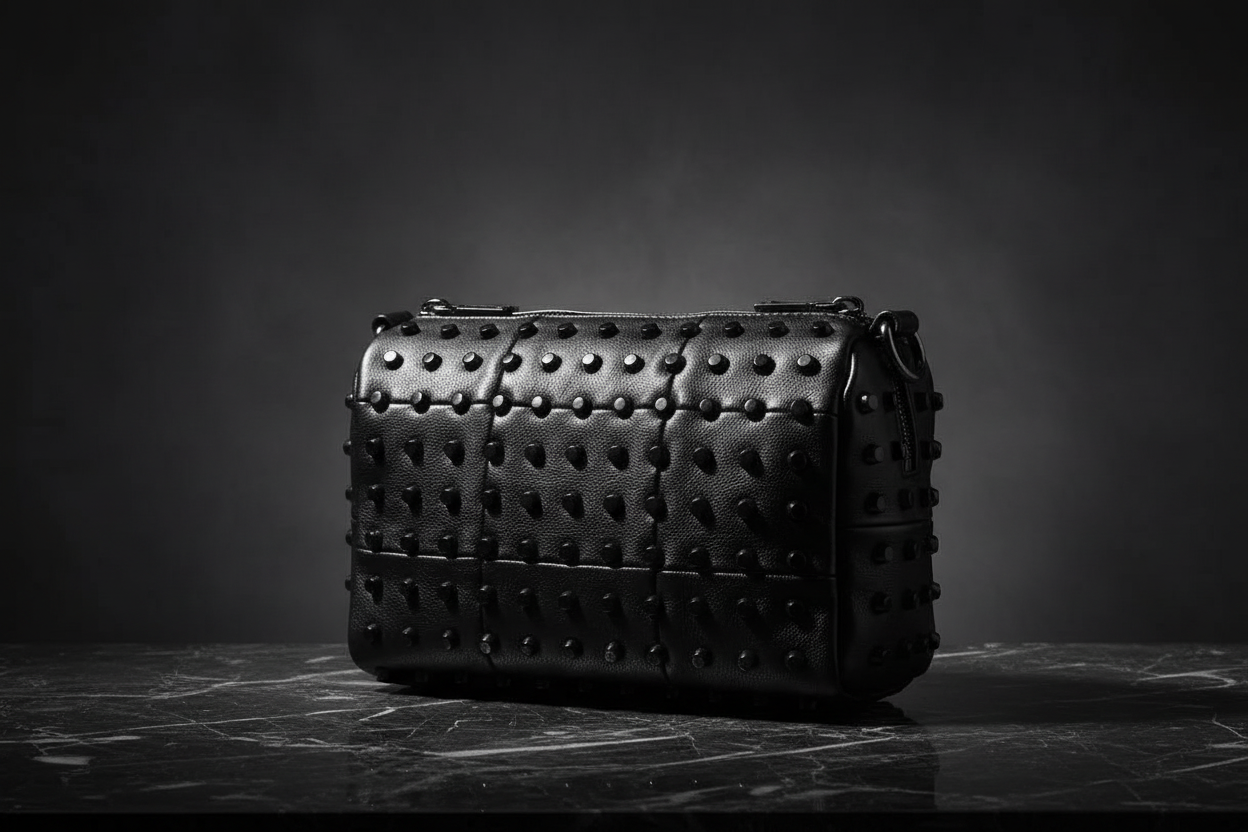 Black studded handbag on a dark surface with a dark background