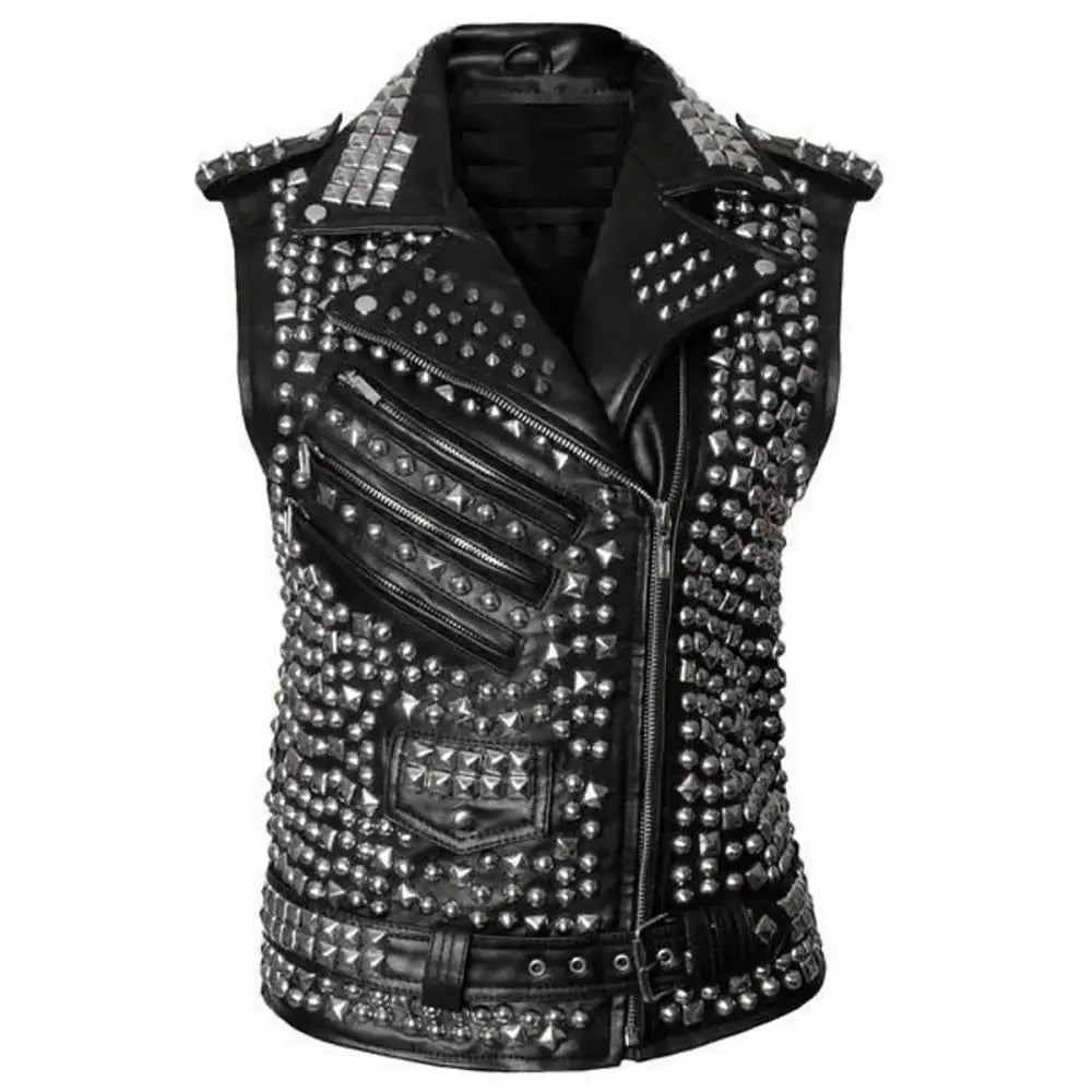 Women's Handmade Studded Leather Vest with Spike Belt – Punk Gothic Style