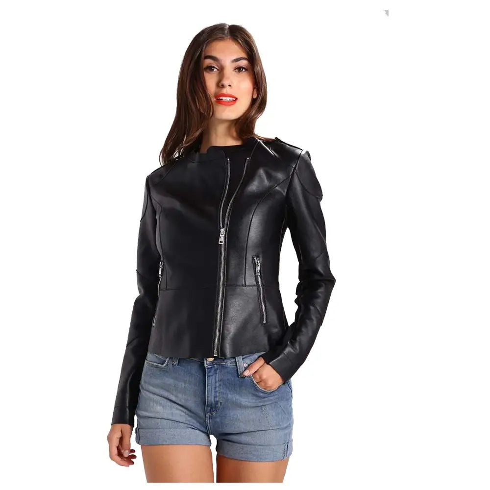 Women's Genuine Lambskin Leather Motorcycle Jacket – Satin Lined, Chained Zippers