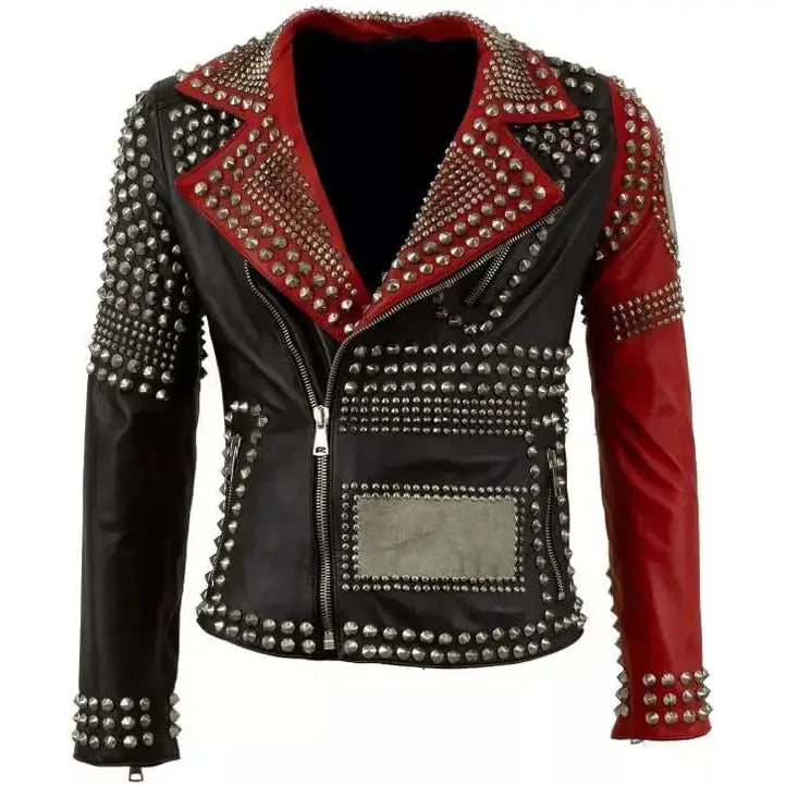 Women's Gothic Studded Cowhide Leather Biker Jacket – Silver Studs, Slim Fit