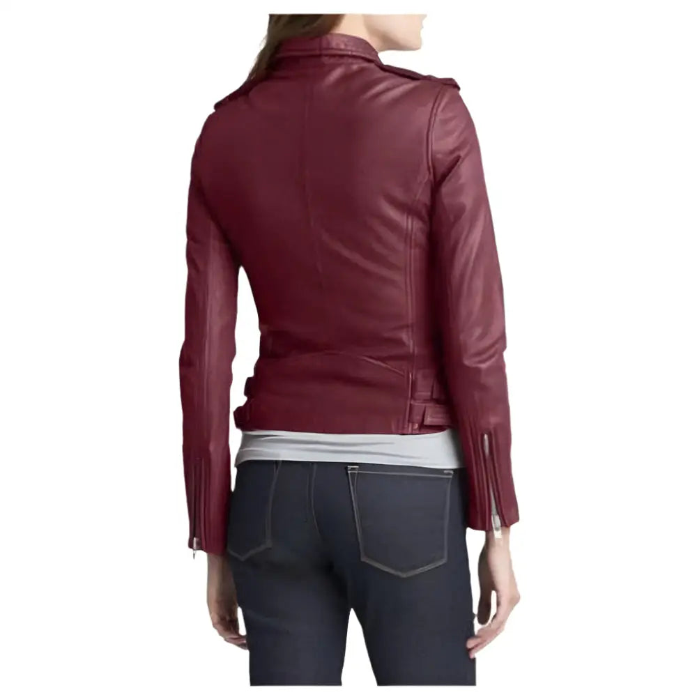 Women's Burgundy Genuine Leather Slim Fit Jacket – Gothic Winter Fashion