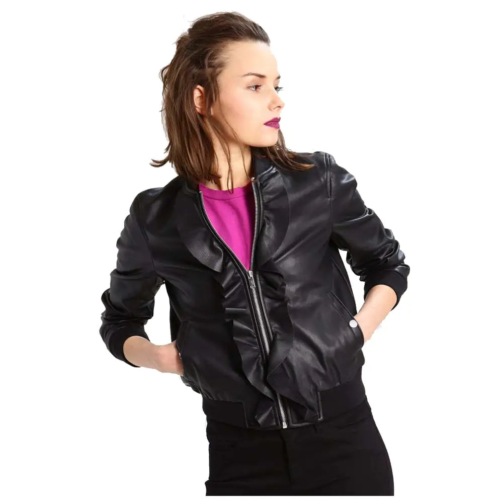 Women's Handmade Genuine Leather Jacket – Long Sleeve, Satin Lining, Zip Closure