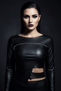 Woman wearing a black avant-garde leather shirt against a dark background