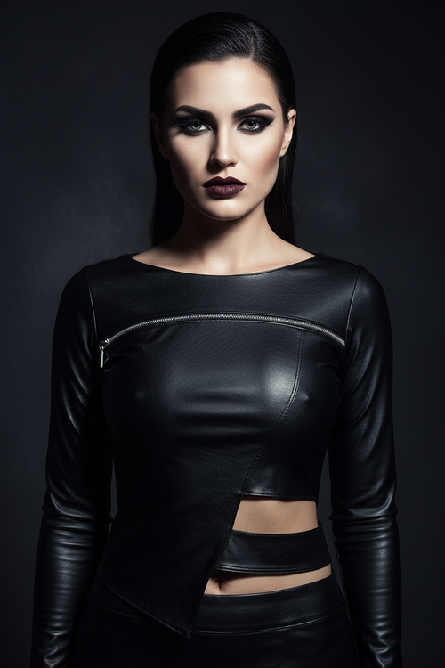Woman wearing a black avant-garde leather shirt against a dark background